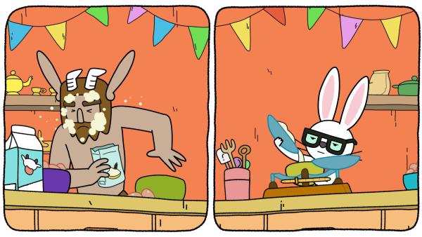 Bild 1 von 2: Dieses Jahr will Hufius (l.) den alljährlichen Backwettbewerb gegen Mümmel vom Amt (r.) gewinnen. Ein Soufflé mit den übermütigen Himbeeren aus dem Stinkenden Sumpf soll den Sieg bringen.