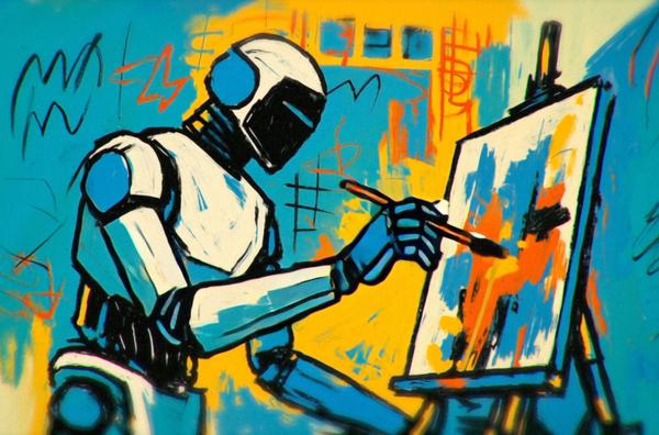 Bild 1 von 3: KI-generiertes Gemälde: Ein Roboter erstellt mit Hilfe eines Pinsels ein Bild.