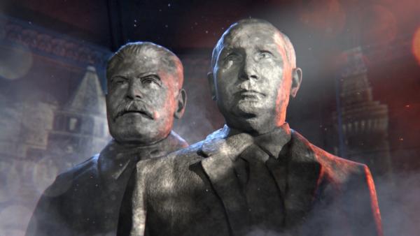 Bild 1 von 2: Der Angriffskrieg gegen die Ukraine hat den Wandel Russlands zur Diktatur beschleunigt. Wird aus Putin (r.) ein Stalin (l.) 2.0. ?