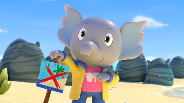 Bild 1 von 1: Damit die Schildkröten am Strand von Funkelland ungestört ihre Eier ablegen können, stellt Mamfie Schilder auf.
