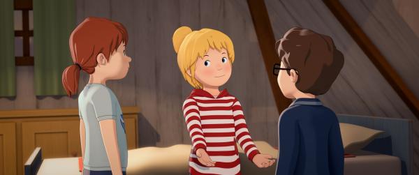 Bild 1 von 9: Conni (M.) weiht ihre Freunde, Anna (l.) und Simon (r.), in das Geheimnis um Kater Mau ein.