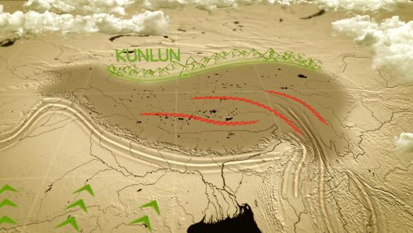 Bild 1 von 2: Insbesondere die chinesische Gebirgsregion Kunlun Shan leidet noch heute unter den Folgen der Kontinentalbewegungen.