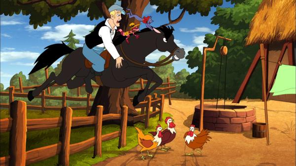 Bild 1 von 3: Hans hat Probleme mit dem Pferd, das er für einen Goldklumpen eingetauscht hat.