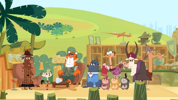 Bild 1 von 7: Die drei Detektive haben alle Verdächtigen, die die Verletzung des Tigers verursacht haben könnten zusammengerufen.