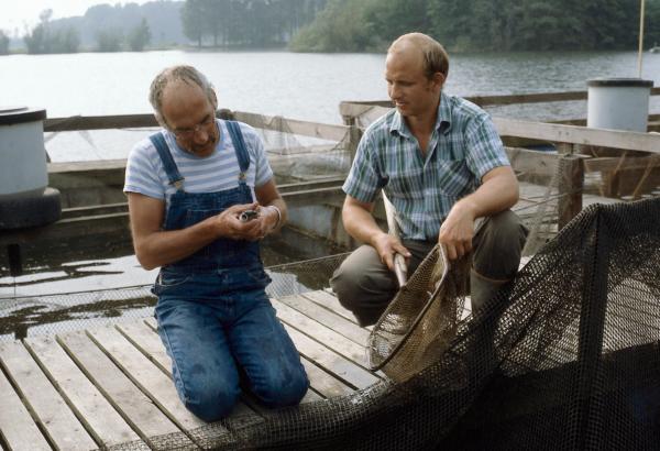 Bild 1 von 2: Peter Lustig (l.) besucht eine Fischzucht.