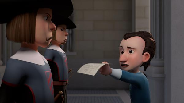 Bild 1 von 6: Der junge Henri (rechts) glaubt, dass er ein Bruder vom König ist und möchte vorsprechen. Die Wachen (links, Mitte) wollen ihn nicht vorbeilassen.