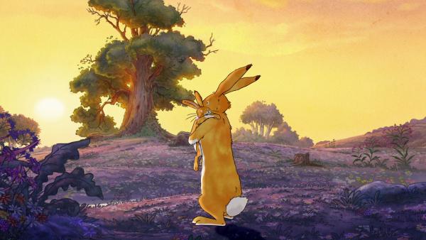 Bild 1 von 7: Am Abend kehren großer brauner Hase und kleiner brauner Hase müde und glücklich nach Hause zurück.