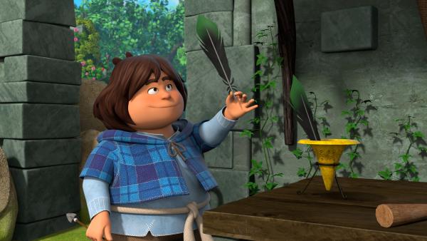 Bild 1 von 3: Tuck braucht eine Feder, um einen Pfeil für Robin zu bauen. Er ahnt nicht, welche magische Feder er sich bei Katell da ausgesucht hat.