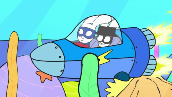 Bild 1 von 3: Glücklicherweise haben Superhase (l.) und Captain Hase (r.) ihr gestohlenes Raumschiff zurückerobern können.