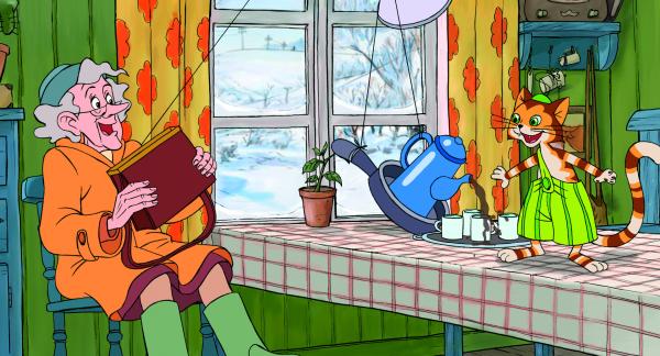 Bild 1 von 2: Findus demonstriert der Nachbarin seine Kaffeeausschankmaschine.