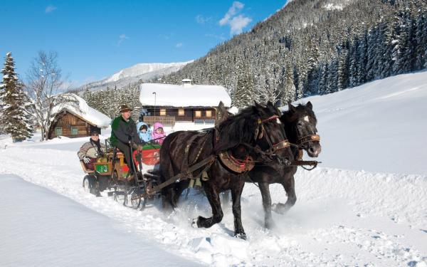 Bild 1 von 17: Ein Pongauer Winter - für viele Menschen der Inbegriff von weißer Pracht. Die Region in den Salzburger Alpen ist für die Menschen, die hier leben, ein Bezugspunkt oft schon seit Generationen. Zwischen Wagrain und Kleinarl hat sich eine bergbäuerliche Lebenskultur erhalten, deren Arbeitsmethoden denen der Eltern und Großeltern bis heute nicht ganz unähnlich geblieben sind. Entsprechend groß schreibt man hier die Tradition. Auch im Winter - für die bäuerliche Arbeit meistens eine Phase der Ruhe - bleibt natürlich die Verantwortung für den Hof und für die Tiere. Urlaub wie die Touristen bleibt für viele, die hier leben, meistens ein ferner Traum. Im Bild: Pferdeschlittenfahrt, Winteraufnahmen Wagrain.