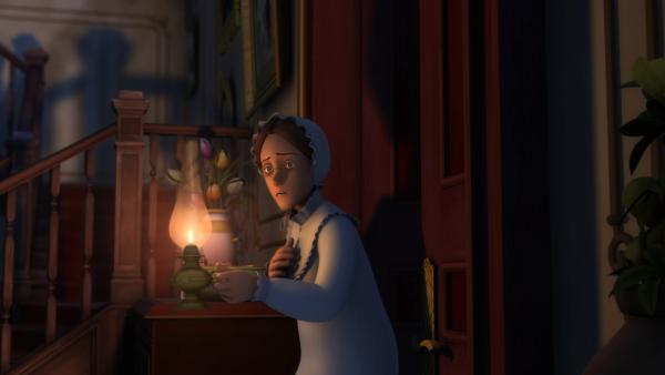 Bild 1 von 2: Fräulein Rottenmeier geht in den Flur, weil sie ein seltsames Geräusch hört.