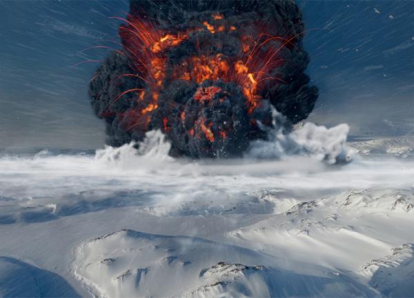 Bild 1 von 5: Vor hunderten Millionen Jahren bedeckte eine Eisschicht einen Großteil der Erde. Land und Meere waren gefroren. Dann ließen Vulkanausbrüche das Eis schmelzen.