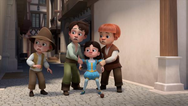 Bild 1 von 2: König Louis XIII (2.v.r.) trifft in Paris auf Grand Pierre (l.), Philippot (2.v.l.)  und Fourchette (r.), die ihn erkennen und unter ihre Fittiche nehmen - denn in Paris lauern Gefahren für den König.