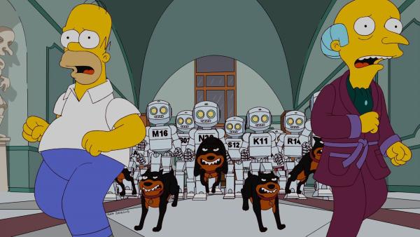 Bild 1 von 4: Mr. Burns (r.) plant, seine Angestellten durch Roboter zu ersetzen, damit das Kernkraftwerk effektiver läuft. Die einzige menschliche Arbeitskraft, die verbleibt, ist Homer (l.), denn einen Angestellten aus Fleisch und Blut braucht Mr. Burns, um ihm im Falle eines Störfalles die Schuld in die Schuhe schieben zu können ...