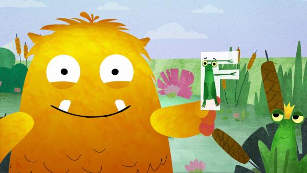 Bild 1 von 1: Nitso trifft bei seiner Suche nach dem verlorengegangen F einen fröhlichen Frosch.© KiKA/Filmakademie Baden-Württemberg GmbH/Eagle Eye - Honorarfreie Verwendung gemäß AGB im redaktionellen Zusammenhang mit genannter Sendung bei Nennung \